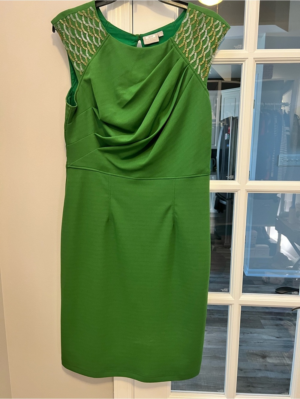 eshakti Green Draped Sheath Dress with Beaded Cap Shoulders size L/12
